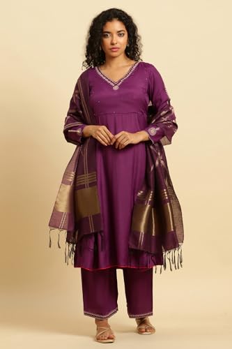 W for Woman Purple Anarkali Festive Kurta, Parallel Pants and Dupatta Set_24AUWS19526-220316_2XL