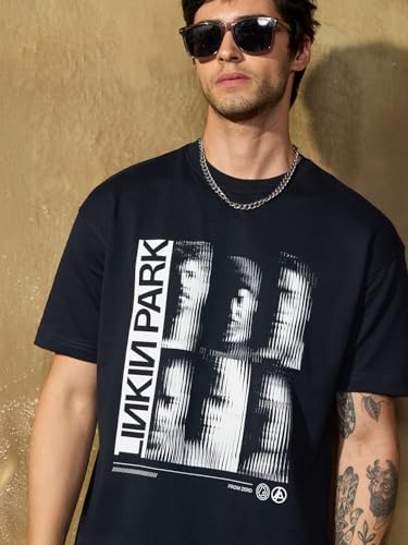 The Souled Store Linkin Park: The Band Men and Boys Short Sleeves Round Neck Black Graphic Printed Casual Lightweight Drop Shoulder Streetwear Trendy Oversized T-Shirt