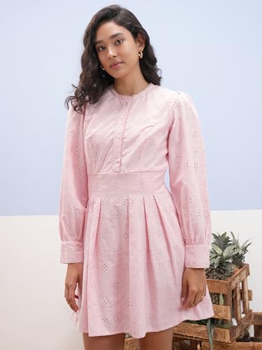 Vishudh Women Long Sleeve Round Neck Dress VVa1000083 Pink M