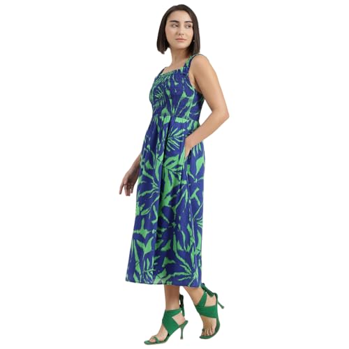 United Colors of Benetton Regular Fit Shoulder Straps Printed Dress (Size : M) - 26P4WVNDR327I902 Blue