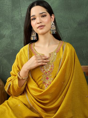 Varanga Women A Gracefully Beaded Yoke Kurta Paired With Solid Trousers And A Matching Dupatta