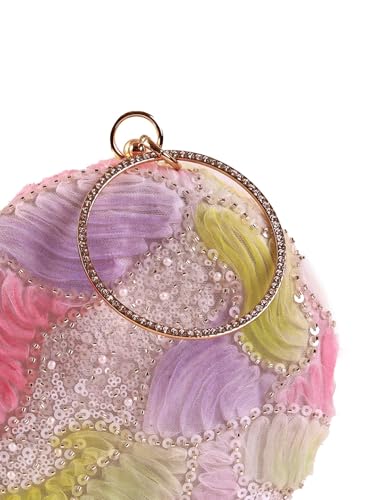 THE TAN CLAN Tide Pink floral embroidered clutch purse women stylish for bridal handbag round designer clutch bag for women wedding party ethnic fancy with metal handle ladies purse