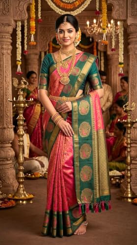 SREE KUMARAN Women's Kanchipuram Kubera Silk Pure Pattu Saree - Peacock Border With Blouse (VSK569-7)
