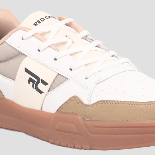 Red Chief Men’s Sneaker | Beige-White Lace-Up Low Ankle Athletic Shoe with Breathable Mesh & PU (C6019)