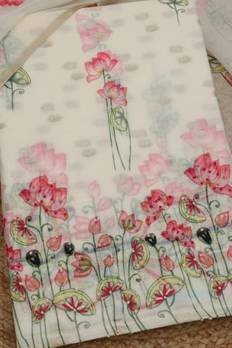 Soch Womens Cream Kota Floral Print Unstitched Dress Material With Zari Woven