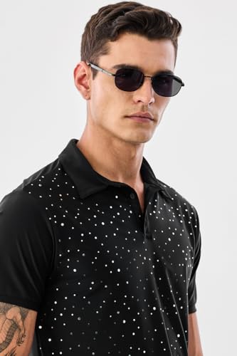 SNITCH Men's Polo T-Shirt | Polka Dot Pattern & Buttoned Closure | Premium Nylon Spandex Blend Fabric, Breathable & Stretchable Material | Casual & Semi-Formal Wear | Black