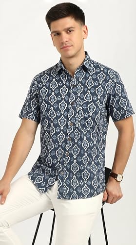 BLOCKS OF INDIA Cotton Hand Block Print Half Sleeves Summer Shirt for Men (Large, Grey JAAL)