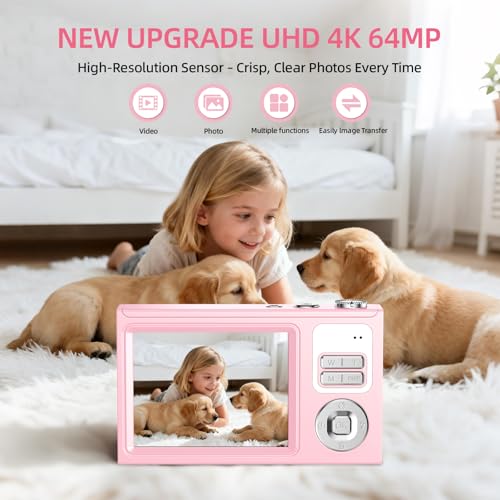 Digital Camera for Kids & Beginners, 4K Digital Camera with 64GB SD Card 16X Zoom Anti-Shake, Compact Point and Shoot Camera with 2.8" Screen, Portable Small Camera for Students, Travel & Gifts Pink