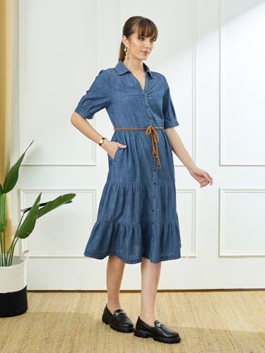 Latin Quarters Women's Blue Solid Half Sleeves Collar Neck Casual Fit & Flared Dress_S