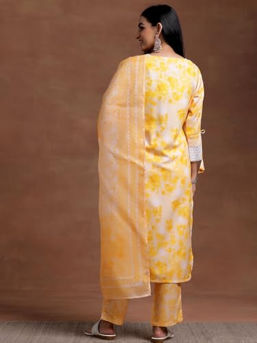 Libas Womens Embroidered Cotton Blend Straight Kurta With Palazzos and Dupatta