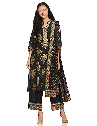 BIBA WOMEN PRINTED STRAIGHT SALWAR KURTA DUPATTA(SKDBANDHEJ 7509_BLACK_42)