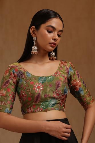 Soch Womens Olive Tissue Floral Print Padded Blouse with Sequins