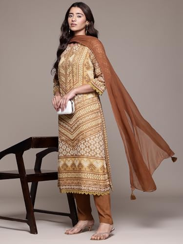 Aarke Ritu Kumar Khaki Swarnam 3/4th Sleeve Kurta With Pant And Dupatta