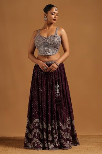 Soch Womens Wine Chinon Floral Lehenga Choli Set With Stone Work