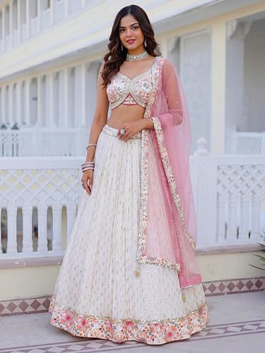Zeel Clothing Women's Sequins Zari Embroidered Work Georgette Lehenga Choli With Dupatta (7070-White-Women-Lehenga-Choli; Free size) (White)