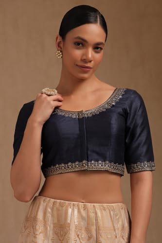 Soch Womens Navy Blue Tussar Solid Padded Blouse with Sequins