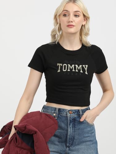 Tommy Hilfiger Slim Crop Glitter Varsiry T-Shirt Black