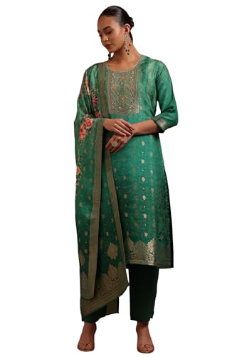 Soch Womens Green Russian Silk Ethnic Motifs Salwar Suit With Zardosi Work