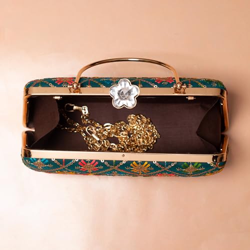 Artklim Dark Teal Based Sequins And Threadwork Embroidery Clutch Bag for Women