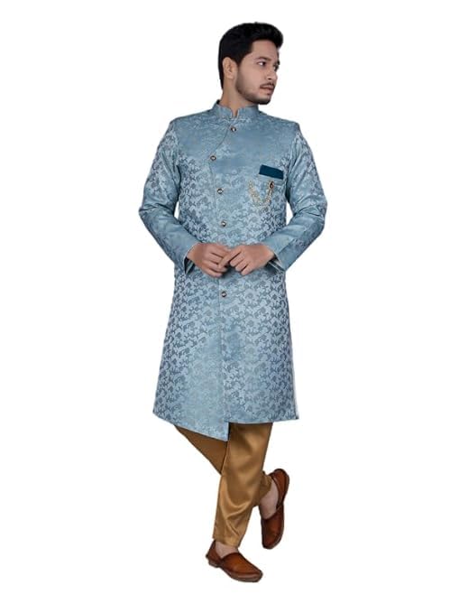 Ethzy Men's Sky Jacquard Casual Regular Full Sleeve Indo Western with Pajama Set - Traditional and Trendy