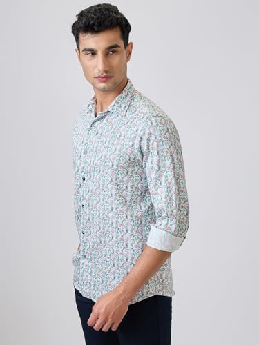 Colorplus Men Regular Fit Print Pattern Pure Cotton Plain Collar Full Sleeve Casual Shirt (Size: 2XL)-CJSS00739-B4 Blue