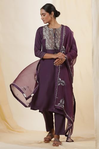 W for Woman Folksong Purple Festive Solid Silk Dupatta