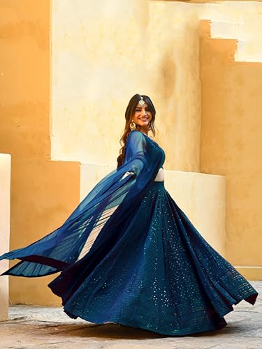 Zeel Clothing Women's Sequins Thread Embroidered Georgette Lehenga Choli With Dupatta (5124-Women-Lehenga-Choli-Latest,Free size) (Blue)