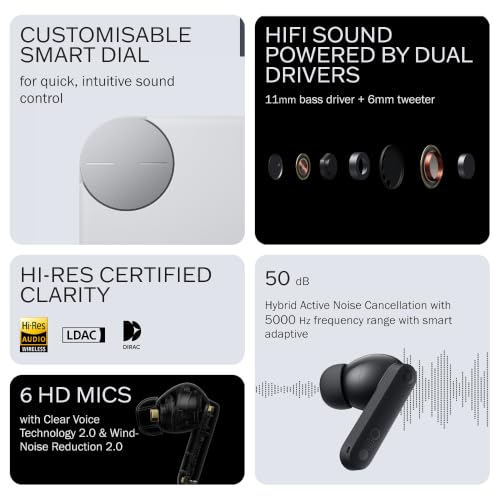 CMF BY NOTHING Buds Pro 2 with 50 dB ANC| Hi-Res + LDAC| Smart Dial| Spatial Audio|Dual Drivers Bluetooth Headset (Light Grey, in the Ear)