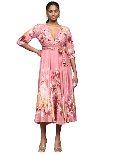 Ritu Kumar Rose Pink Botanic Print Long Dress with Attached Belt