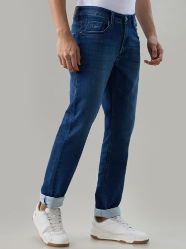 Park Avenue Men Slim Fit Solid Pattern Cotton Blend Flat Front Casual Jeans Blue
