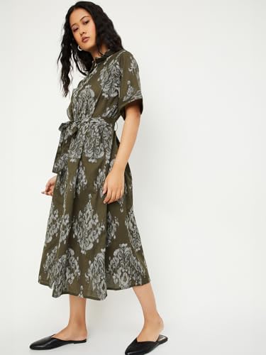 Max Women's Cotton A-Line Below The Knee Dress (EC58005_Olive