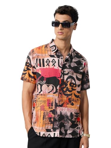 The Souled Store Harappan Motif: Men and Boys Short Sleeves Collared Neck Button Front All Over Printed Viscose Nylon Blend Regular Fit Lightweight Holiday Shirt