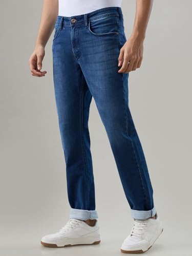Park Avenue Men Slim Fit Solid Pattern Cotton Blend Flat Front Casual Jeans Blue