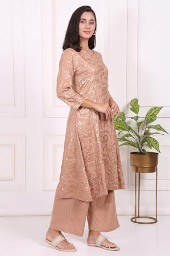 W for Woman Brown Floral Printed Sequins A-line Rayon Kurta with Flared Pants Set - (WS13702-401065-3XL)