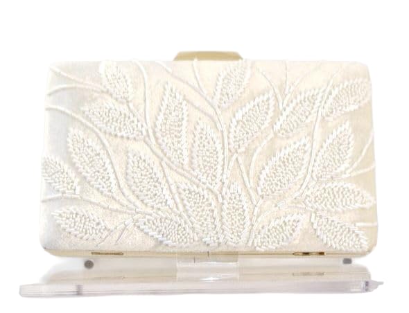 Elegant Evening Clutch Purse with Embroidered Leaf Pattern, Ivory White, Magnetic Closure