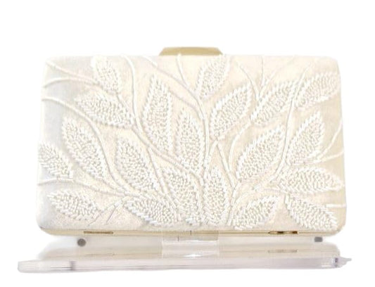 Elegant Evening Clutch Purse with Embroidered Leaf Pattern, Ivory White, Magnetic Closure