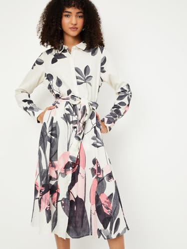 Max Women Floral Printed Shirt Dress (Off White_XL)
