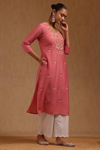 Soch Womens Pink Roman Silk Floral Chikankari Embroidered Kurta