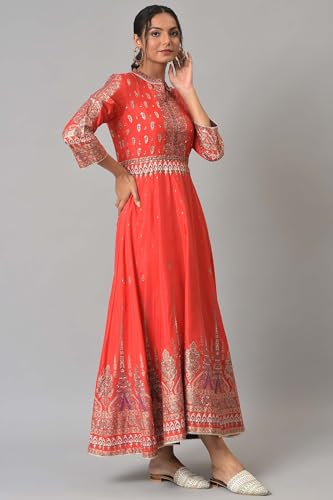 Wishful by W Women's Polyester Tomato Red Festive Mughal Gown Ankle Length Dress (22AUS11107-118800