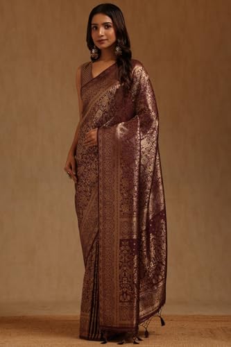 Soch Womens Wine Tussar Floral Zari Woven Saree