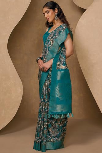 Soch Womens Teal Chanderi Floral Print Saree With Tassels