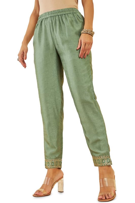 Soch Womens Sap Green Viscose Blend Suit Set With Embroidery And Sequins