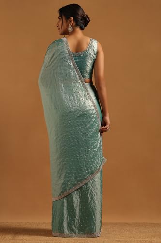 Soch Womens Powder Blue Fendy Organza Embellished Saree With Stone Work