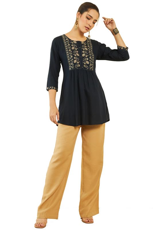 Soch Womens Navy Blue Rayon Floral Embroidered Round-Neck Tunic with Vented Hemline