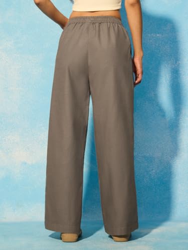 The Souled Store Oak Brown Womens and Girls Beige Solid Cotton Straight Fit Drawstring Waist Lightweight Easy to Style Everyday Office Wear Straight Fit Pants