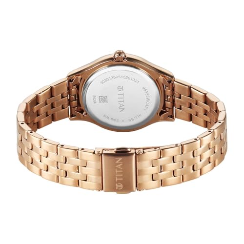 Titan Glamour Quartz Analog White Mother of Pearl Dial Rose Gold Stainless Steel Strap Watch for Women
