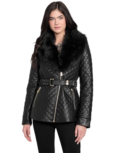 GUESS Women's Oprah Fur Collar Diamond Faux Leather Jacket, Black (Jet Black), L