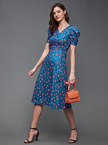 Miss Chase Women's V-Neck Pleated Puff Sleeve Floral Patterned Wrap with Pockets Midi Polyester Dress(MCSS23D98-53-163-06, Blue, XL)