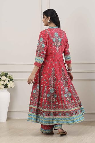 Biba Women Red Cotton Kalidar Suit Set_32
