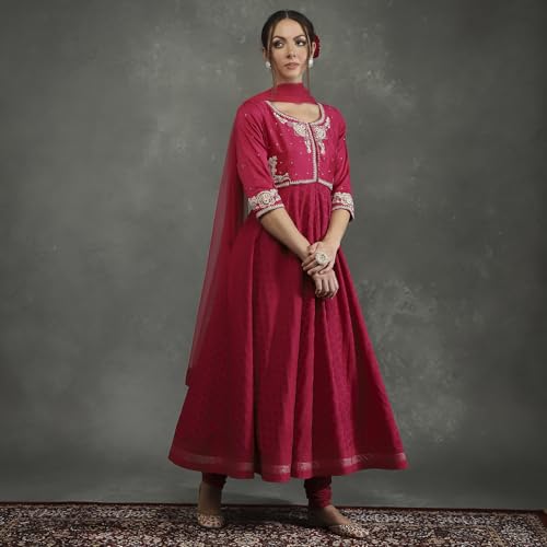 BIBA Women's Silk Chanderi Kurta Sets (CKD10745AW24FUS_Pink